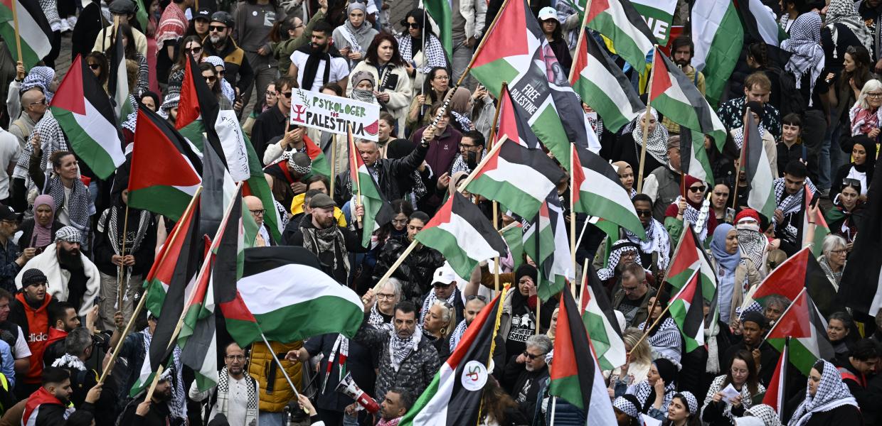 Διαδηλωτές με σημαίες της Παλαιστίνης στο Μαλμέ για την Eurovision