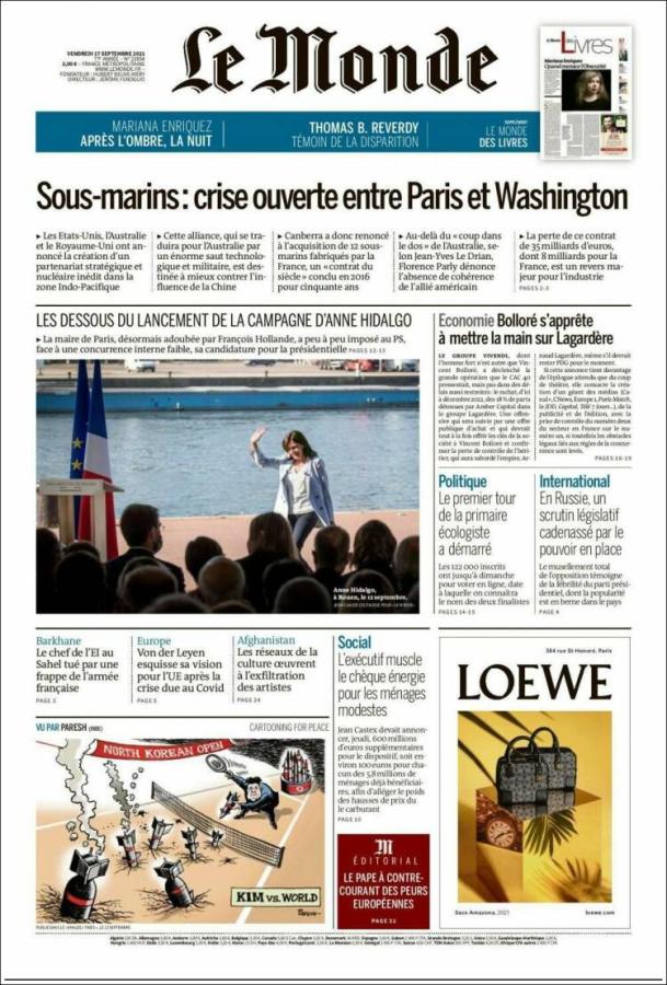 Πρωτοσέλιδο 17092021 Le Monde AUKUS 