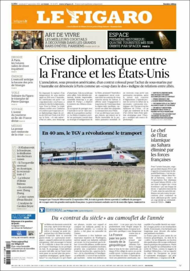 Πρωτοσέλιδο 17092021 Le Figaro AUKUS 
