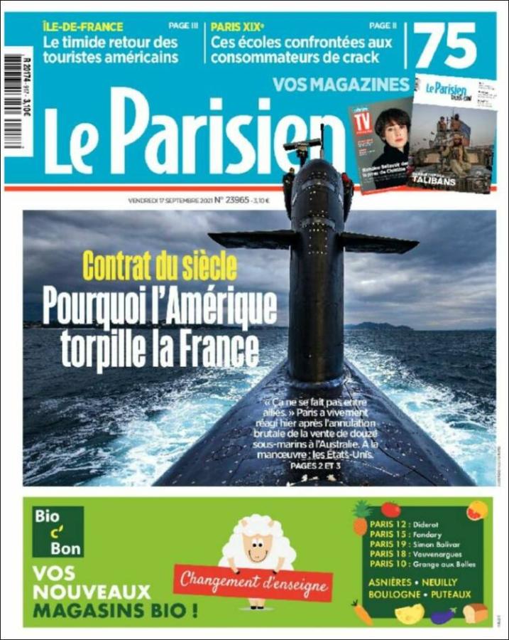 Πρωτοσέλιδο 17092021 Le Parisien AUKUS 