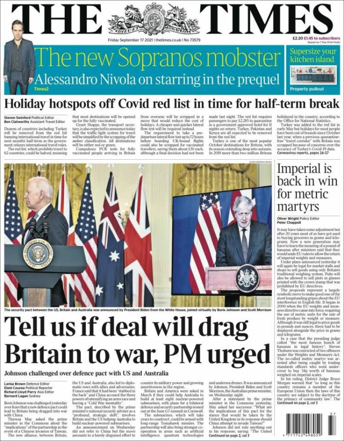 Πρωτοσέλιδο 17092021 The Times AUKUS 