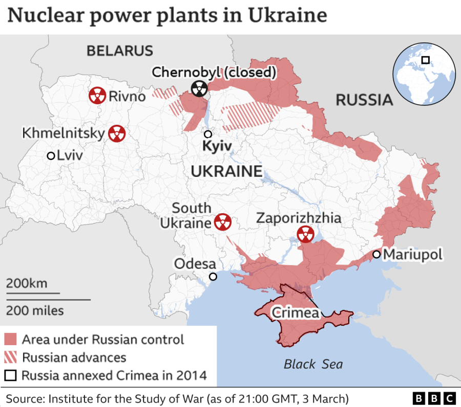 Χάρτης με πυρηνικά εργοστάσια στην Ουκρανία