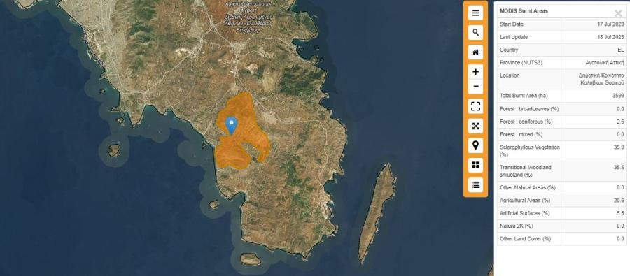 χάρτης με καμένα στρέμματα στα Καλύβια