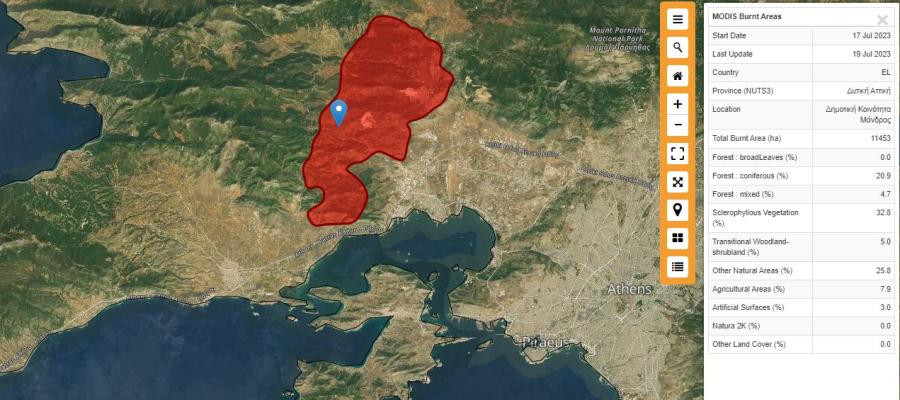 χάρτης με καμένα στρέμματα σε Μάνδρα