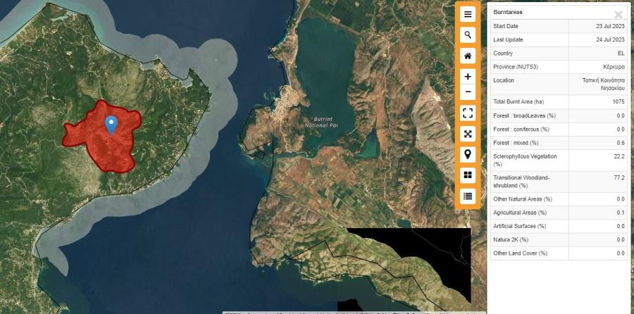 χάρτης με στρέμματα που κάηκαν