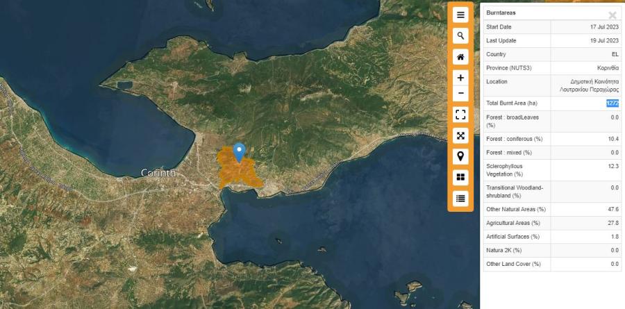 χάρτης με στρέμματα που κάηκαν