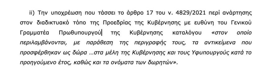 Το απόσπασμα από το τι προβλέπει ο νόμος για την λίστα με τα δώρα