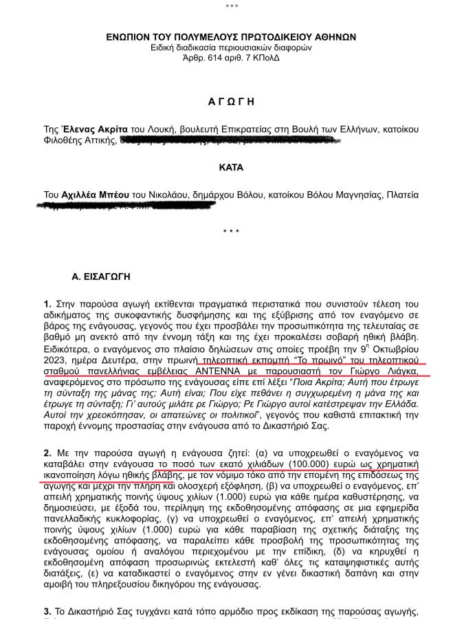 Αγωγή Έλενας Ακρίτα