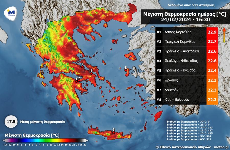 χάρτης με θερμοκρασίες καιρού