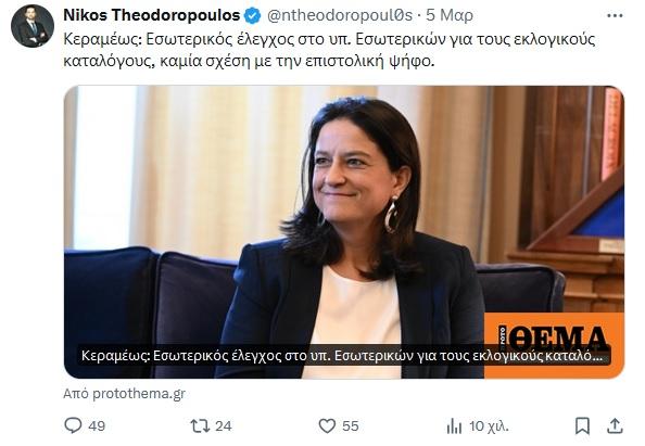 Αναρτήσεις και retweet του Νίκου Θεωδορόπουλου για το σκάνδαλο Ασημακοπούλου