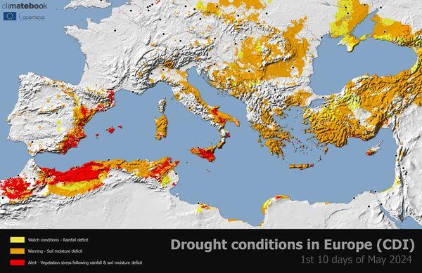  Η κατάσταση της ξηρασίας στην Ευρώπη το 1ο δεκαήμερο του Μαΐου 2024 από τον δείκτη ξηρασίας (CDI) του ευρωπαϊκού παρατηρητηρίου ξηρασίας (EDO). Πηγή δεδομένων: EDO/Copernicus. Ανάλυση & οπτικοποίηση δεδομένων: climatebook.gr.