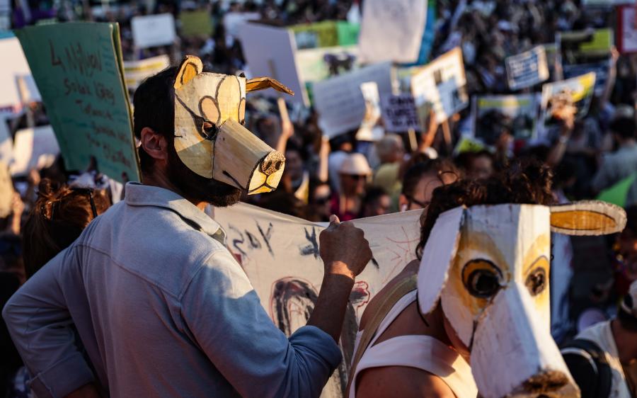 Ακτιβιστές για τα δικαιώματα των ζώων φορούν μάσκες σκύλων κατά τη διάρκεια διαμαρτυρίας ενάντια στο σχέδιο της τουρκικής κυβέρνησης για ευθανασία αδέσποτων σκύλων εν μέσω του αυξανόμενου πληθυσμού σκύλων στην Κωνσταντινούπολη, Τουρκία, 27 Ιουλίου 2024.