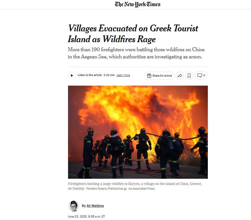Το δημοσίευμα των NYT για τις φωτιές στη Χίο