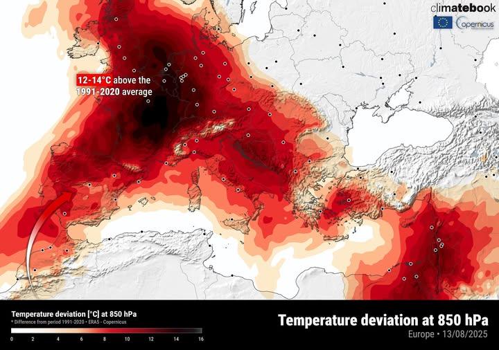 Πρόγνωση θετικών αποκλίσεων της θερμοκρασίας στο επίπεδο των 850 hPa (περίπου 1500 μέτρα από την επιφάνεια) σε σχέση με τη μέση τιμή της περιόδου 1991-2020, για τις 13/08/2025. 