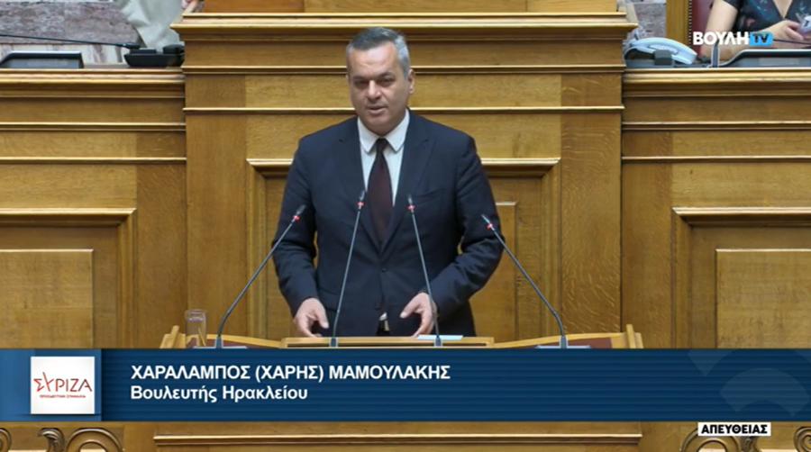 Ο Χάρης Μαμουλάκης στο βήμα της Βουλής