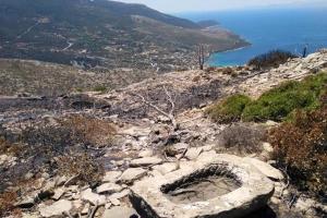 Ρωμαϊκά Λατομεία Στύριας Λίθου στη θέση Πυργάκι στο Νημποριό Εύβοιας μετά τις φωτιές του Ιούλιου 2021.