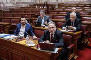 Οι βουλευτές του ΣΥΡΙΖΑ-ΠΣ που συμμετείχαν στη συνεδρίαση της Επιτροπής Θεσμών και Διαφάνειας καθισμένοι στα έδρανα της Βουλής