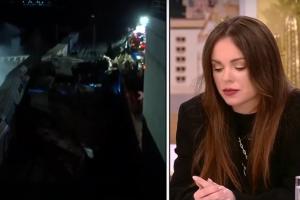 Επιζήσασα δυστυχήματος Τεμπών σε παράθυρο εκπομπής δίπλα σε εικόνα από το δυστύχημα