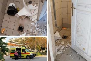 Κολλάζ φωτογραφιών από την σπασμένη τουαλέτα στον ΟΣΕ Βόλου και το ασθενοφόρο που παρέλαβε την γυναίκα που τραυματίστηκε