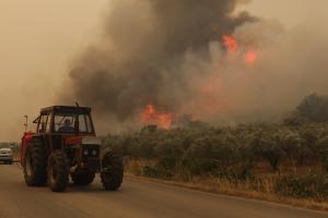 τρακτέρ δίπλα σε φωτιά που καίει χόρτα και θάμνους