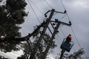 Εργαζόμενος του ΔΕΔΗΕ σε γερανό εκτελεί εργασίες σε καλώδια