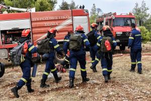 Πυροσβέστες μπροστά σε πυροσβεστικό όχημα