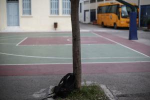 Σχολικό ιδιωτικό σχολείου και μπροστά το γήπεδο μπάσκετ στο προάυλιο