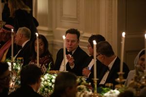Elon Musk looks on at a dinner hosted by President Donald Trump and First Lady Melania Trump for Crown Prince and Prime Minister of the Kingdom of Saudi Arabia, Mohammed bin Salman