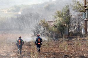 Πυροσβέστες περπατάνε σε καμένη αγροτοδασική έκταση