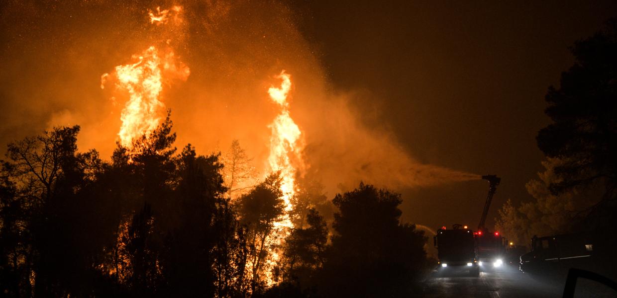 Πυροσβεστικό όχημα σβήνει τη φωτιά σε δάσος
