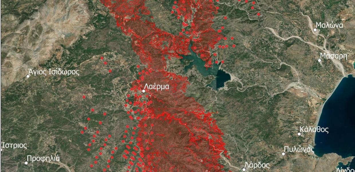 χάρτης με τα καμένα στην Ρόδο