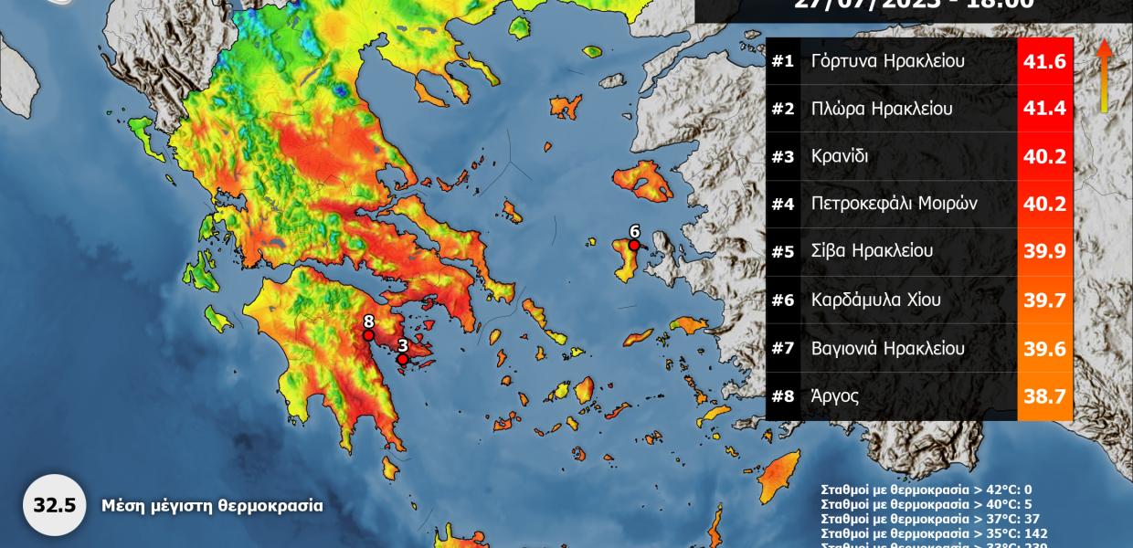 χάρτης meteo με υψηλότερες θερμοκρασίες