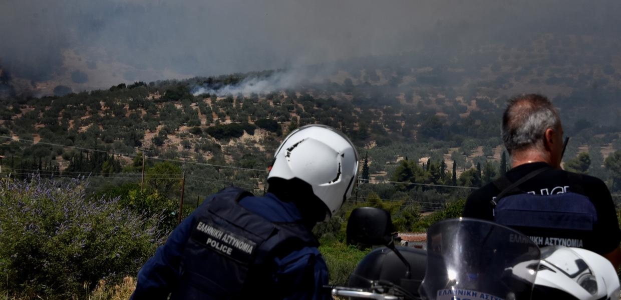 Αστυνομικοί κοιτάζουν καπνούς από φωτιά