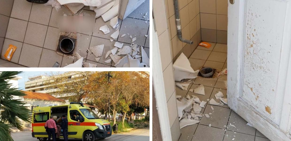Κολλάζ φωτογραφιών από την σπασμένη τουαλέτα στον ΟΣΕ Βόλου και το ασθενοφόρο που παρέλαβε την γυναίκα που τραυματίστηκε