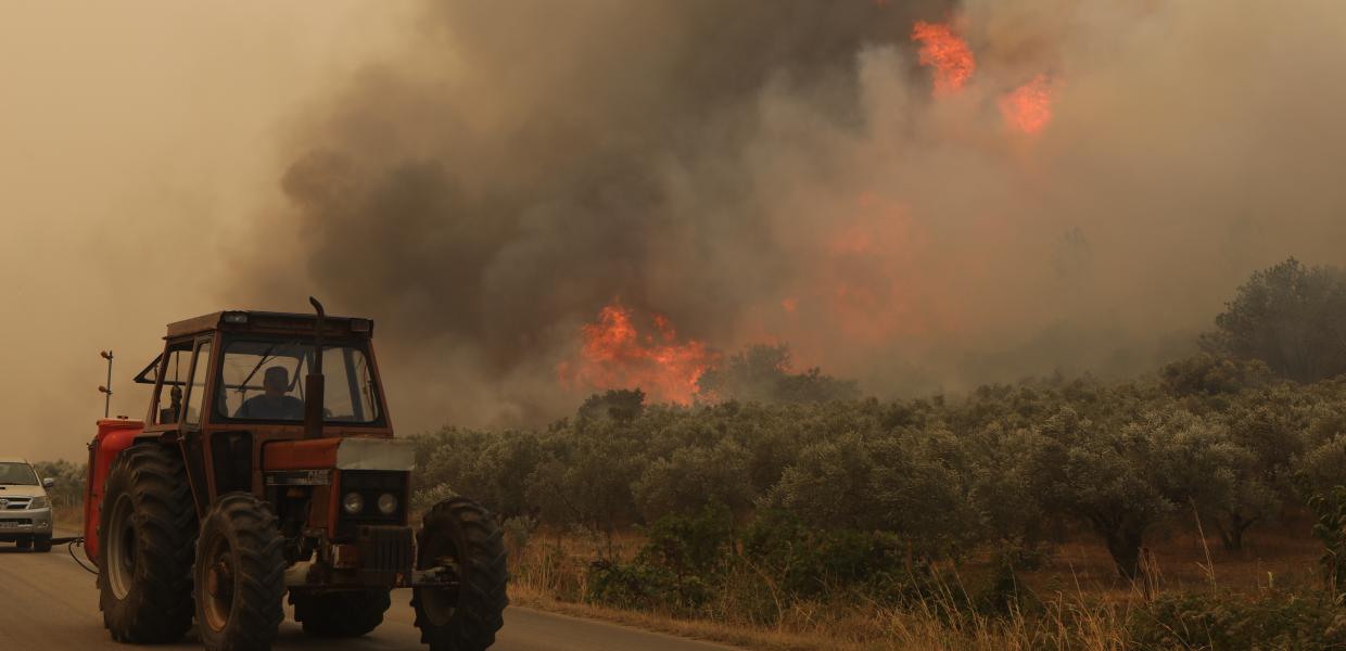 τρακτέρ δίπλα σε φωτιά που καίει χόρτα και θάμνους