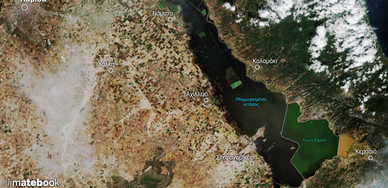 Δορυφορική εικόνα από την περιοχή της λίμνης Κάρλα από τον δορυφόρο Sentinel-2 στις 20 Σεπτεμβρίου 2023. Πηγή δεδομένων: Sentinel-2 / Copernicus. Ανάλυση & οπτικοποίηση δεδομένων: climatebook.gr.