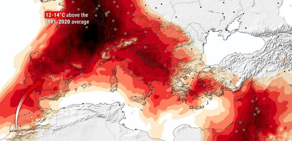 Πρόγνωση θετικών αποκλίσεων της θερμοκρασίας στο επίπεδο των 850 hPa (περίπου 1500 μέτρα από την επιφάνεια) σε σχέση με τη μέση τιμή της περιόδου 1991-2020, για τις 13/08/2025. 