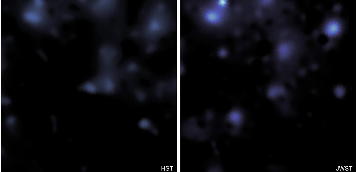 Kατανομή της σκοτεινής ύλης στην περιοχή COSMOS, όπως παρατηρήθηκε από τα διαστημικά τηλεσκόπια Hubble (αριστερά) και James Webb (δεξιά)