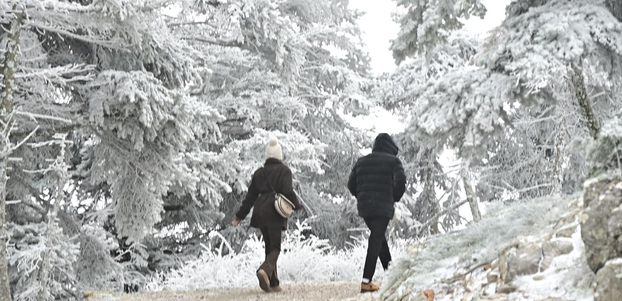 Χιόνια στην Πάρνηθα - Δύο άνθρωποι κάνουν περίπατο στο χιονισμένο τοπίο